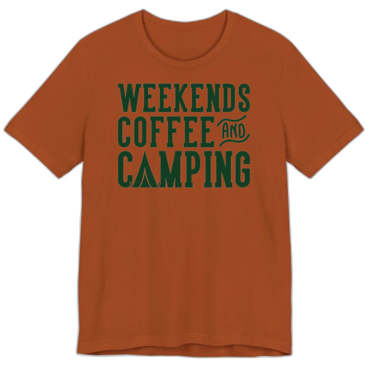 Dark green text reading 'Weekends Coffee And Camping' with tent icon on gray background in Autumn