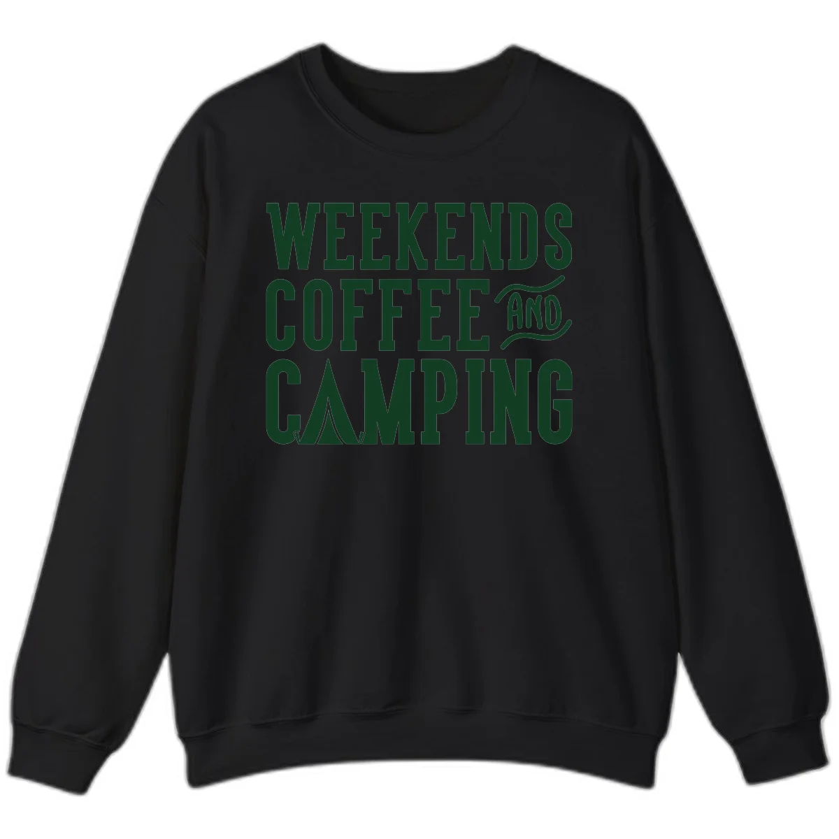 Dark green text reading 'Weekends Coffee And Camping' with tent icon on gray background in Black