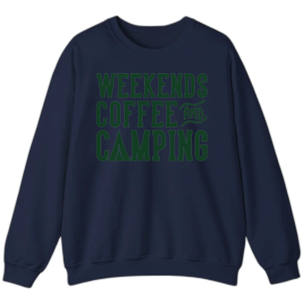 Dark green text reading 'Weekends Coffee And Camping' with tent icon on gray background in Navy