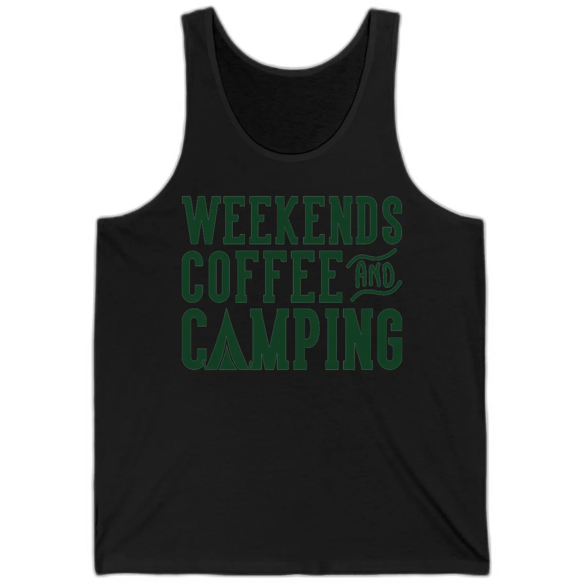 Dark green text reading 'Weekends Coffee And Camping' with tent icon on gray background in Black