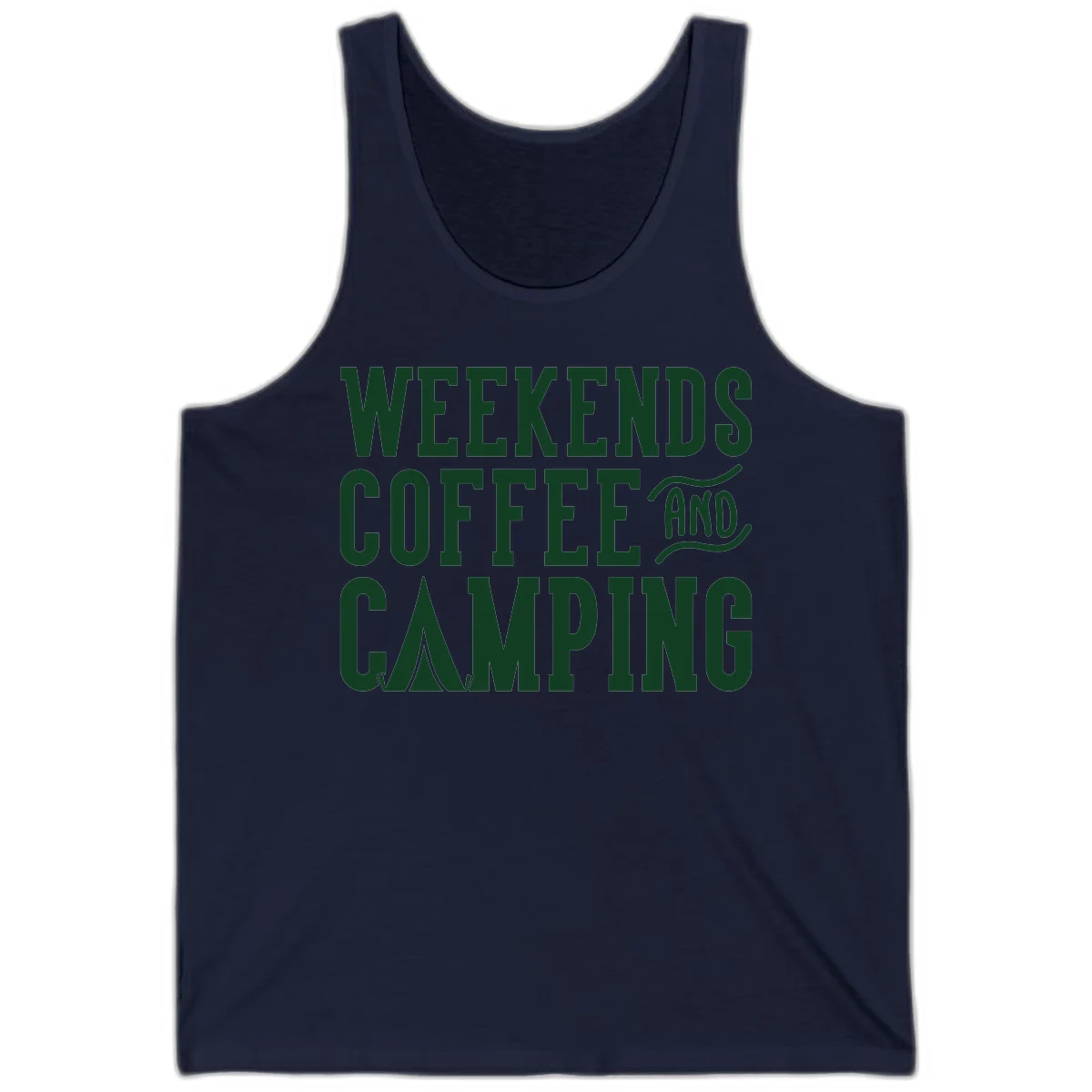 Dark green text reading 'Weekends Coffee And Camping' with tent icon on gray background in Navy
