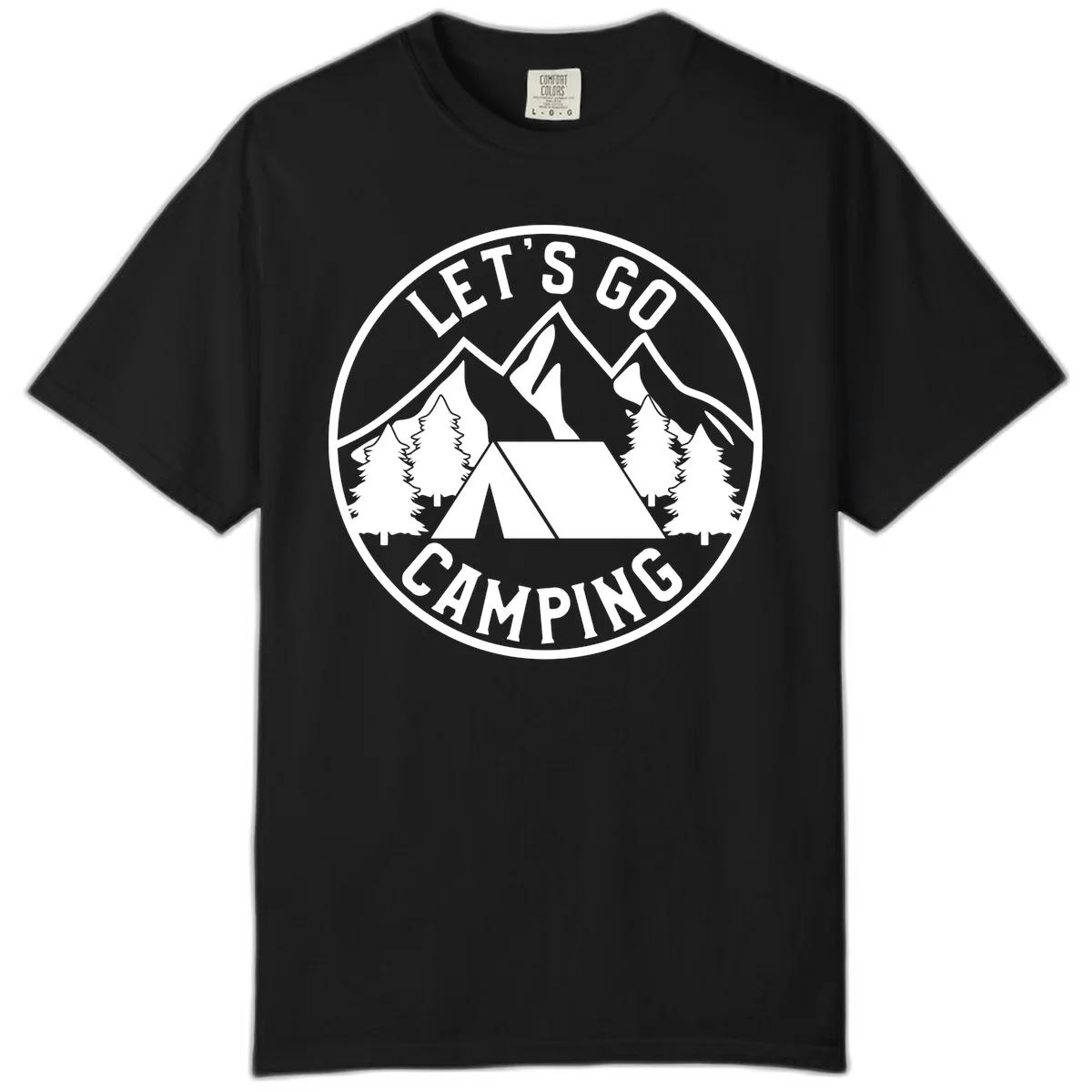 Circular let's go camping badge with tent, trees, and mountains in white and gray in Black