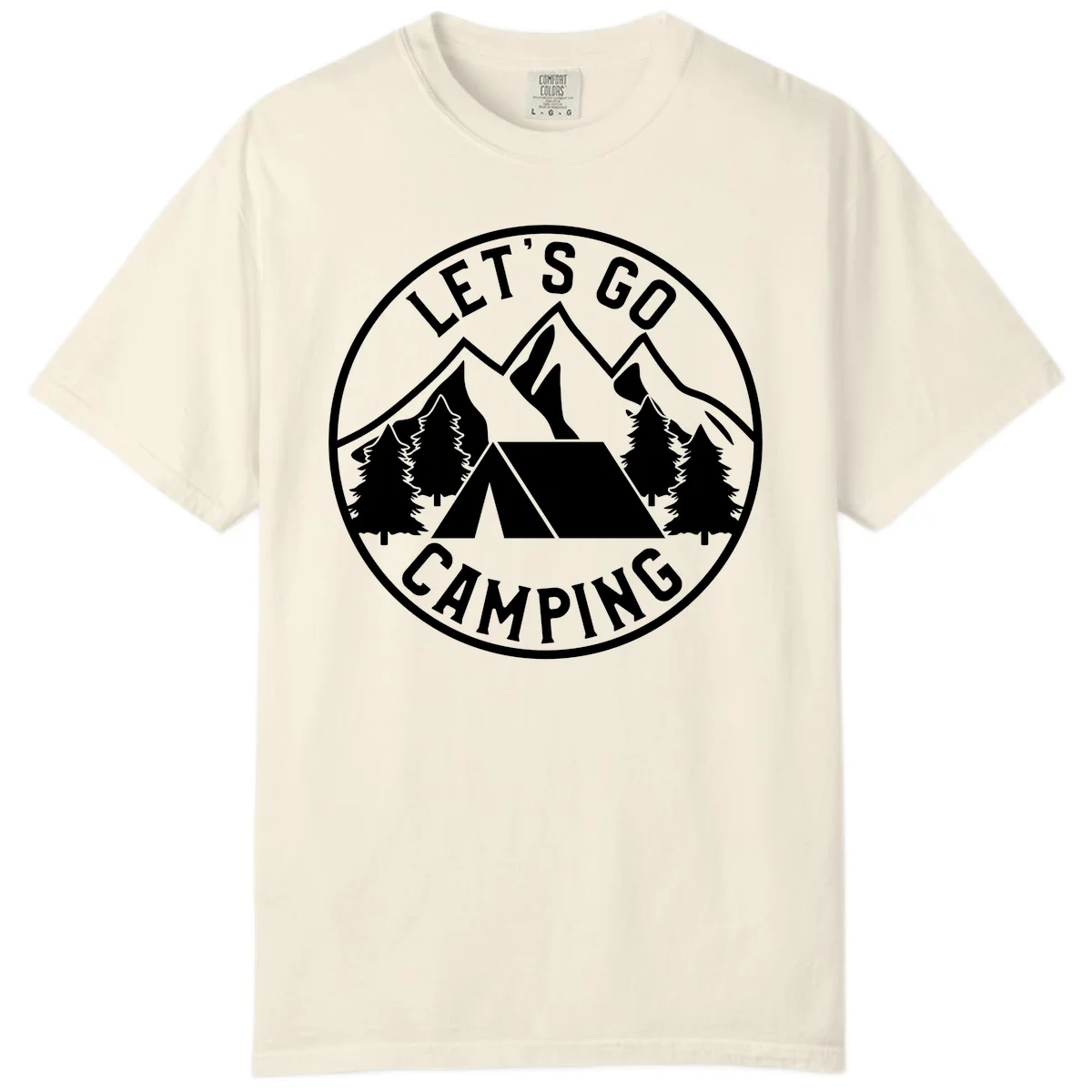 Circular let's go camping badge with tent, trees, and mountains in white and gray in Ivory