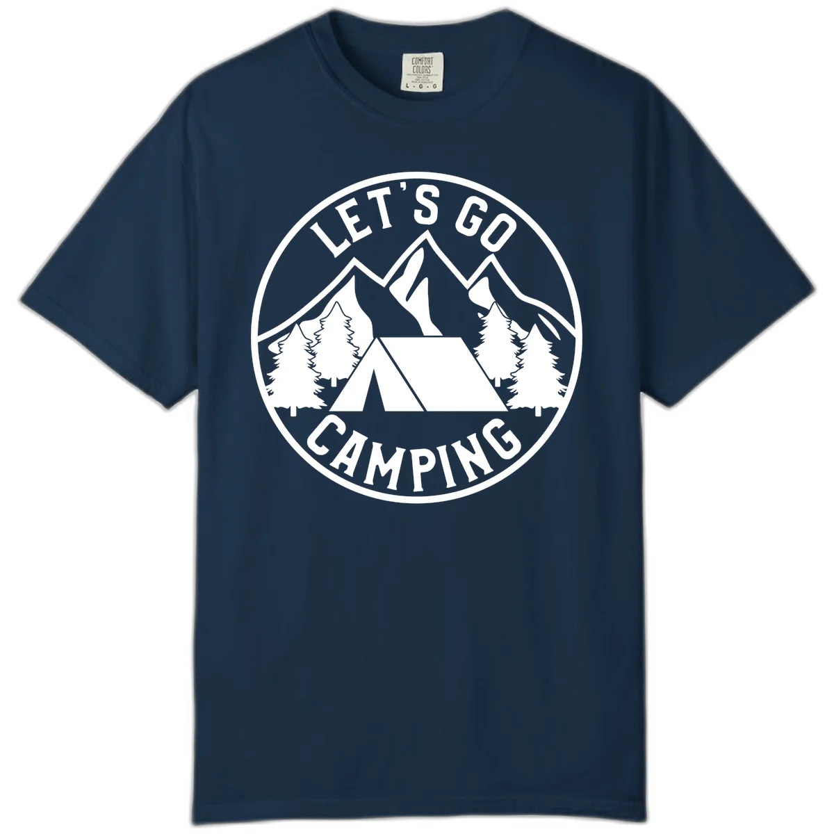 Circular let's go camping badge with tent, trees, and mountains in white and gray in True Navy