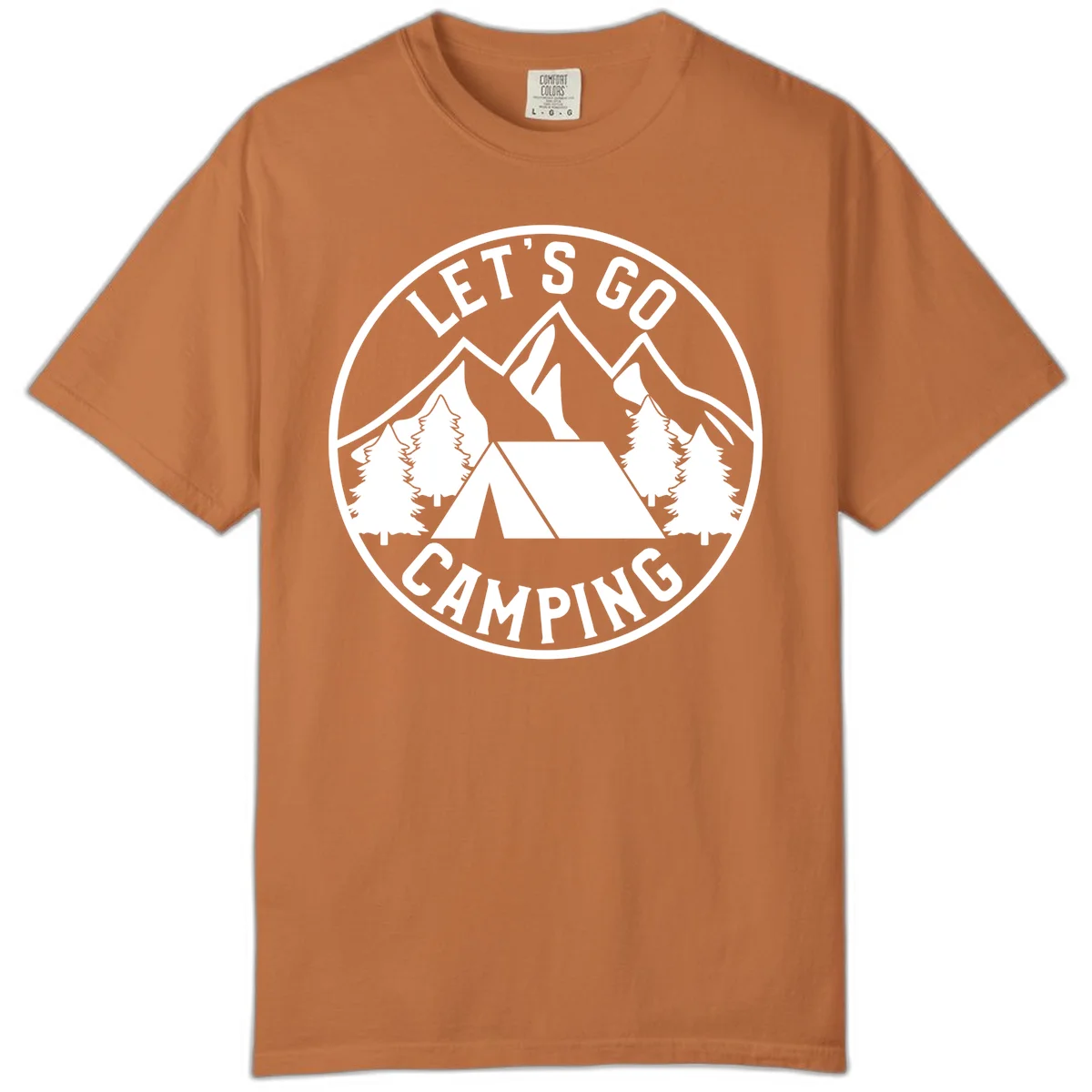 Circular let's go camping badge with tent, trees, and mountains in white and gray in Yam