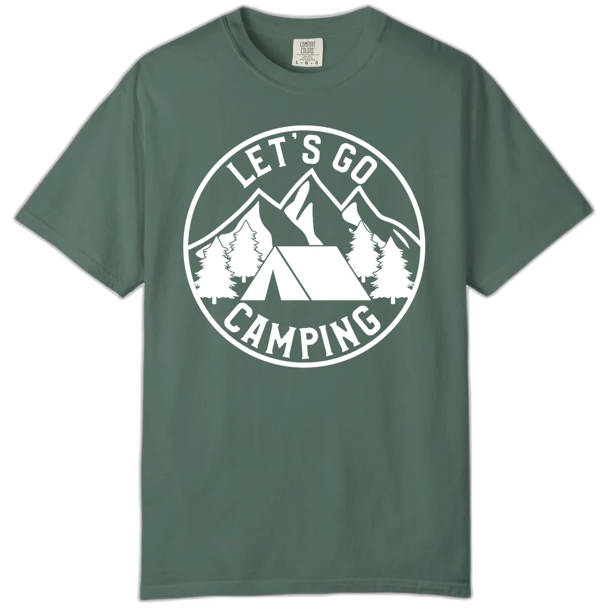 Circular let's go camping badge with tent, trees, and mountains in white and gray in Blue Spruce