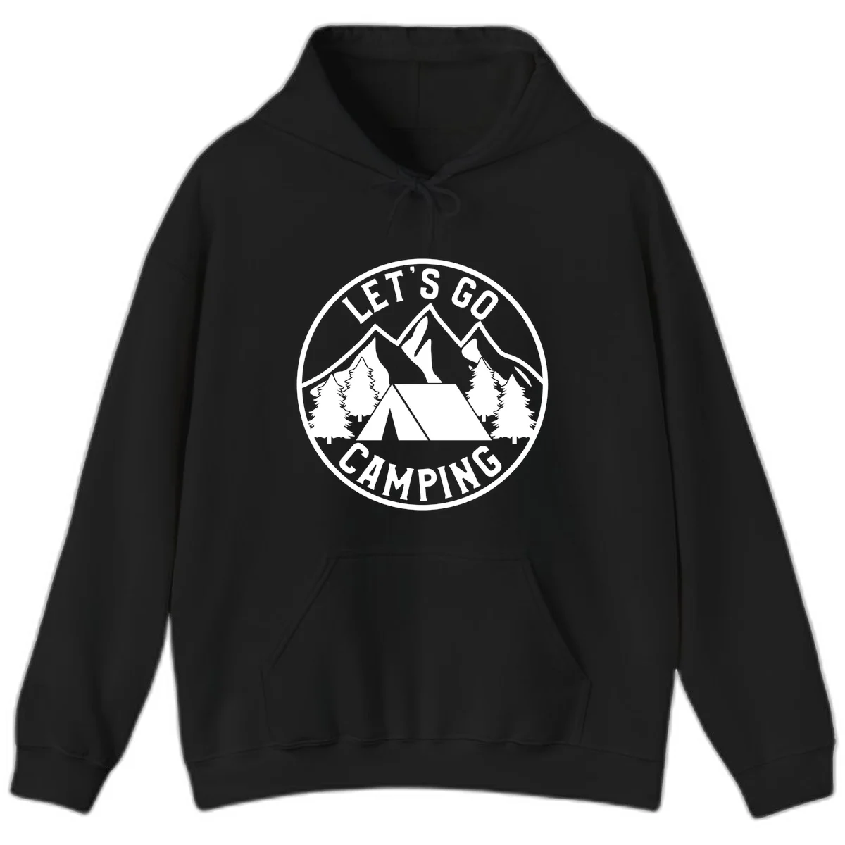 Circular let's go camping badge with tent, trees, and mountains in white and gray in Black