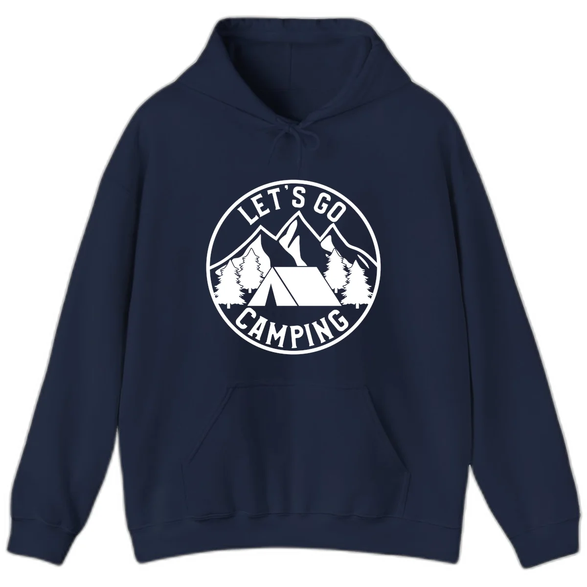 Circular let's go camping badge with tent, trees, and mountains in white and gray in Navy