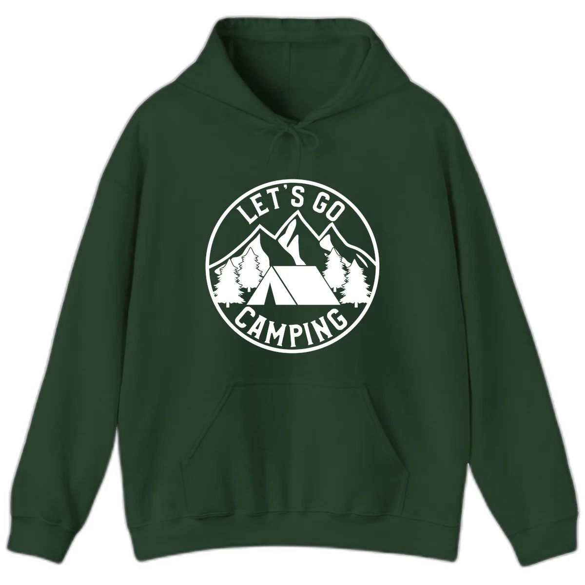Circular let's go camping badge with tent, trees, and mountains in white and gray in Forest Green