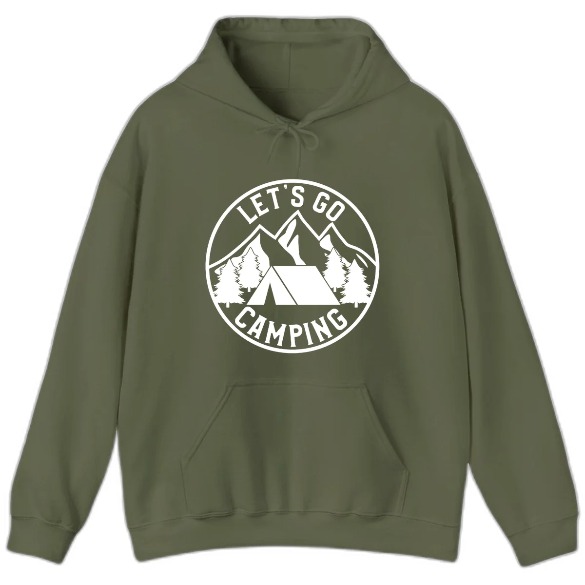 Circular let's go camping badge with tent, trees, and mountains in white and gray in Military Green