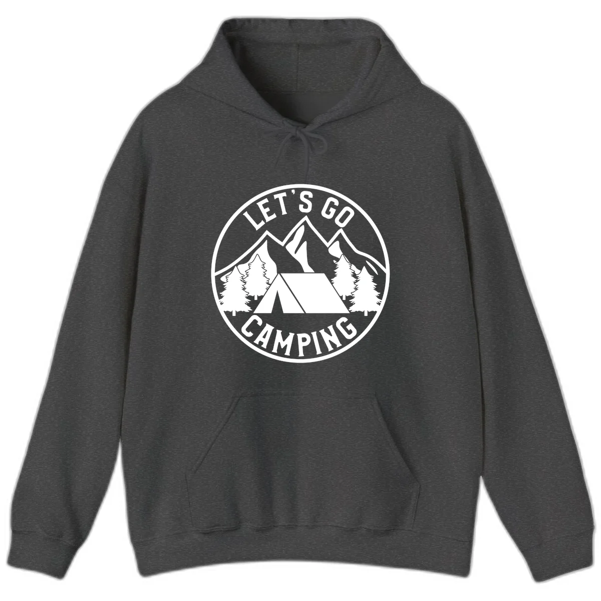 Circular let's go camping badge with tent, trees, and mountains in white and gray in Dark Heather