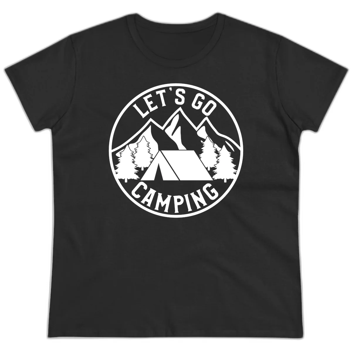 Circular let's go camping badge with tent, trees, and mountains in white and gray in Black