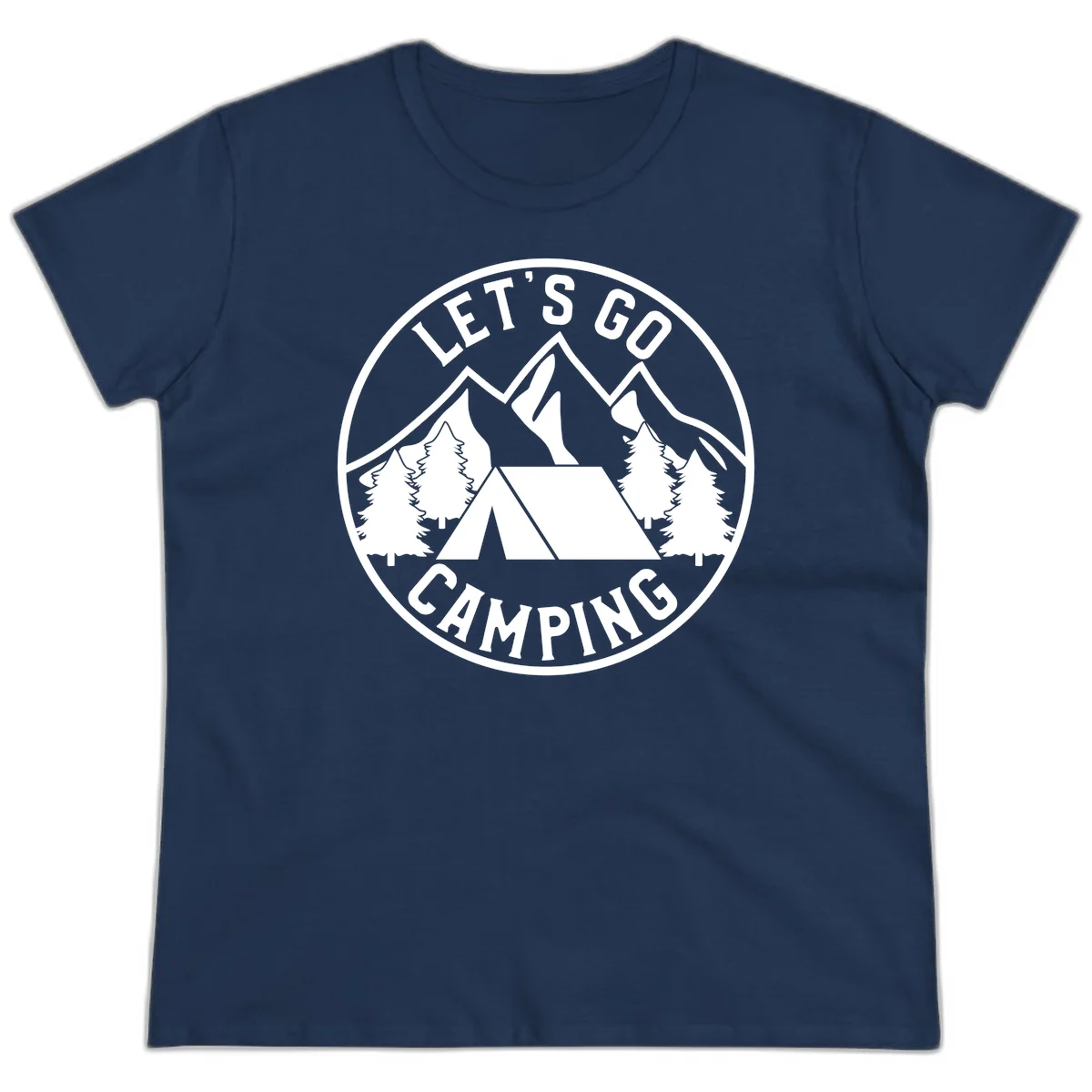 Circular let's go camping badge with tent, trees, and mountains in white and gray in Navy