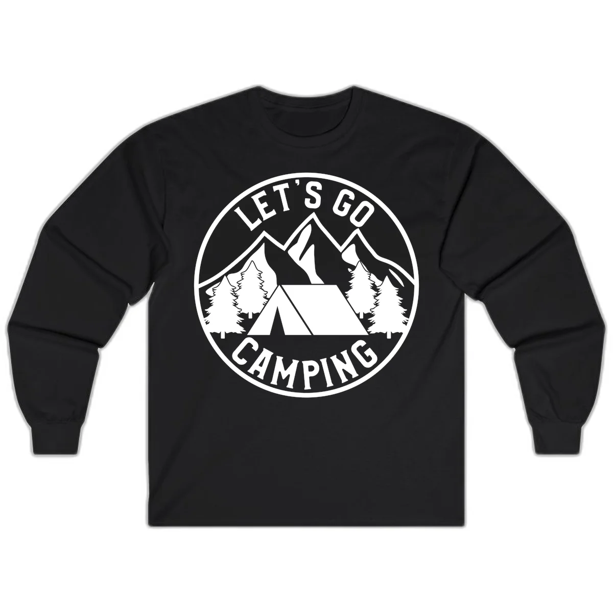 Circular let's go camping badge with tent, trees, and mountains in white and gray in Black