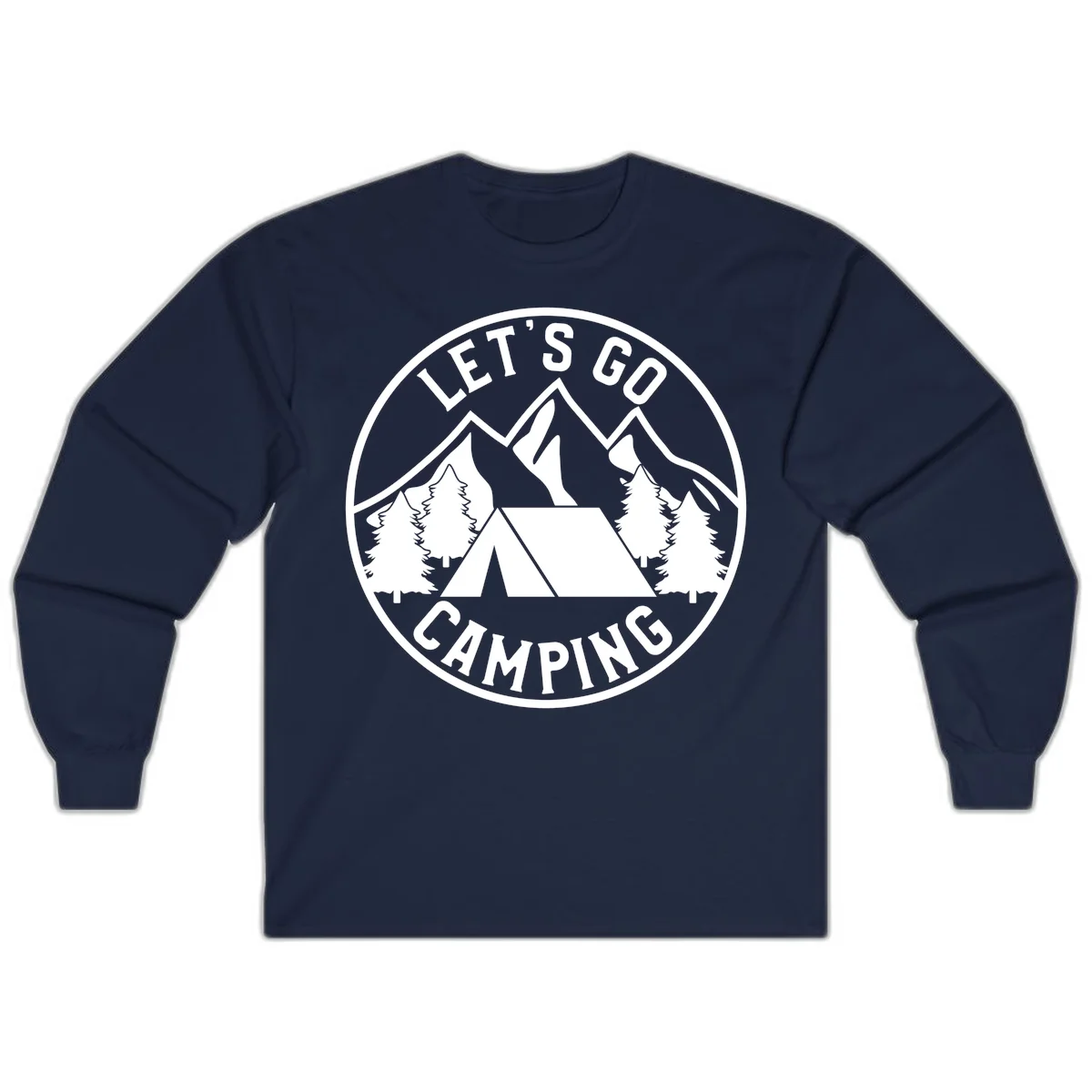Circular let's go camping badge with tent, trees, and mountains in white and gray in Navy