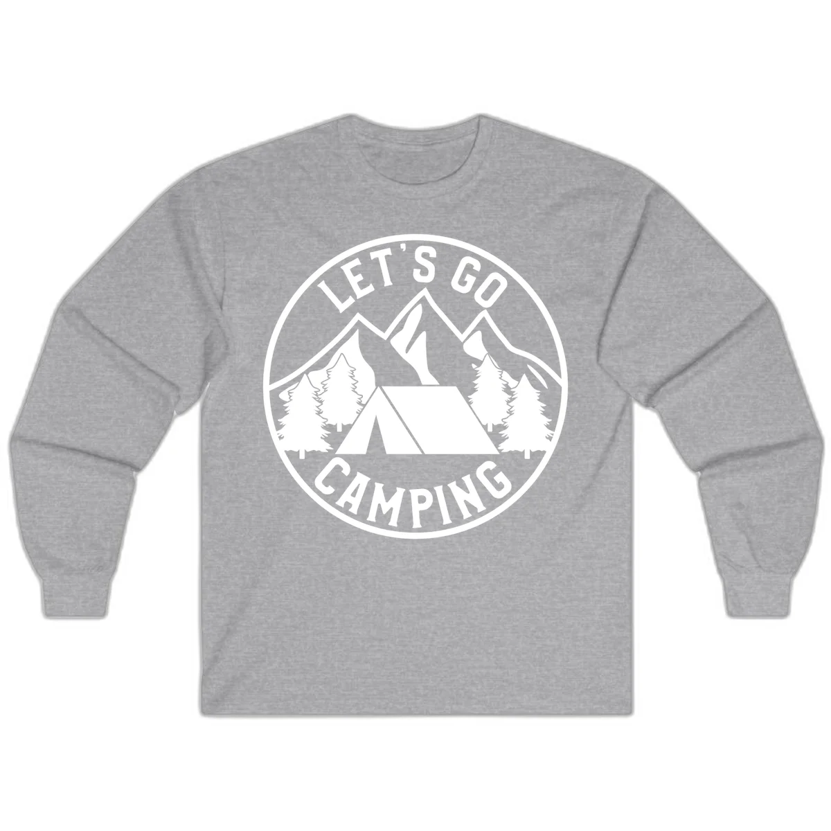 Circular let's go camping badge with tent, trees, and mountains in white and gray in Sport Grey