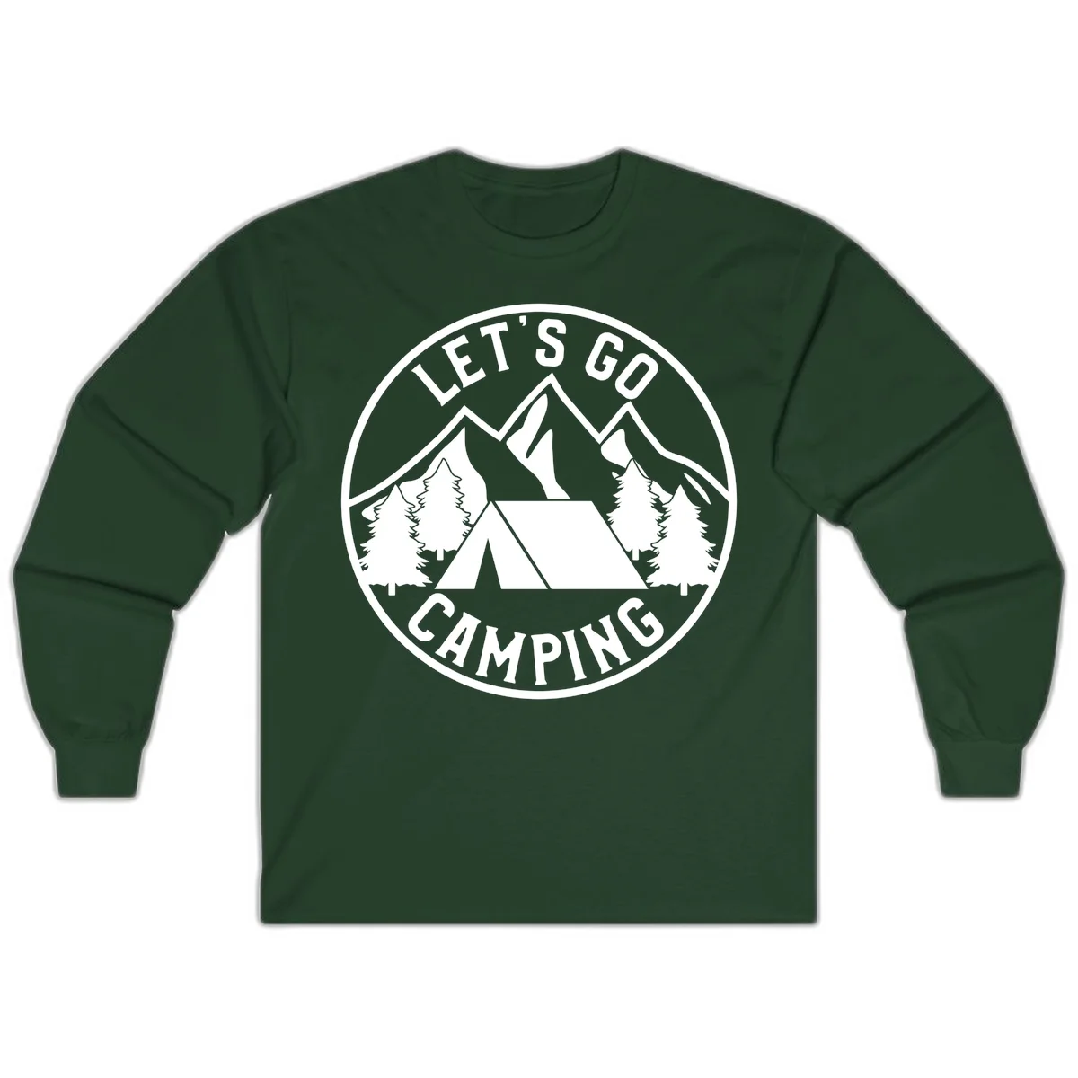 Circular let's go camping badge with tent, trees, and mountains in white and gray in Forest Green