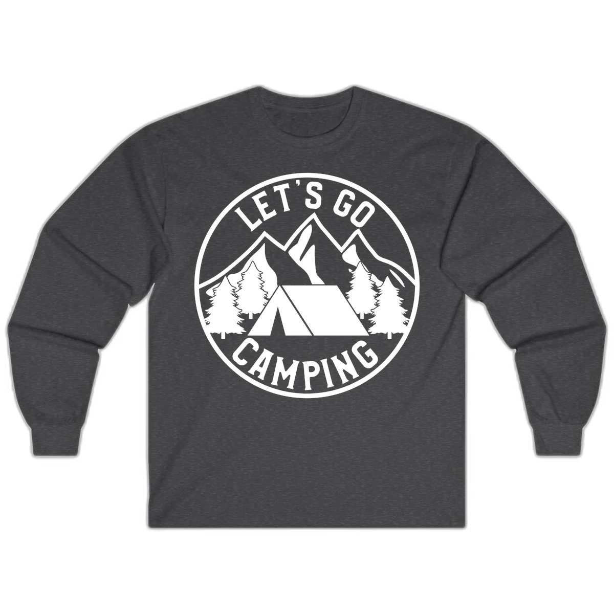 Circular let's go camping badge with tent, trees, and mountains in white and gray in Dark Heather