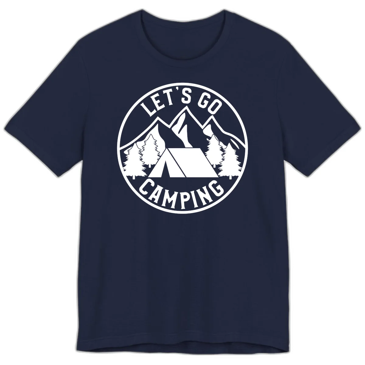 Circular let's go camping badge with tent, trees, and mountains in white and gray in Navy