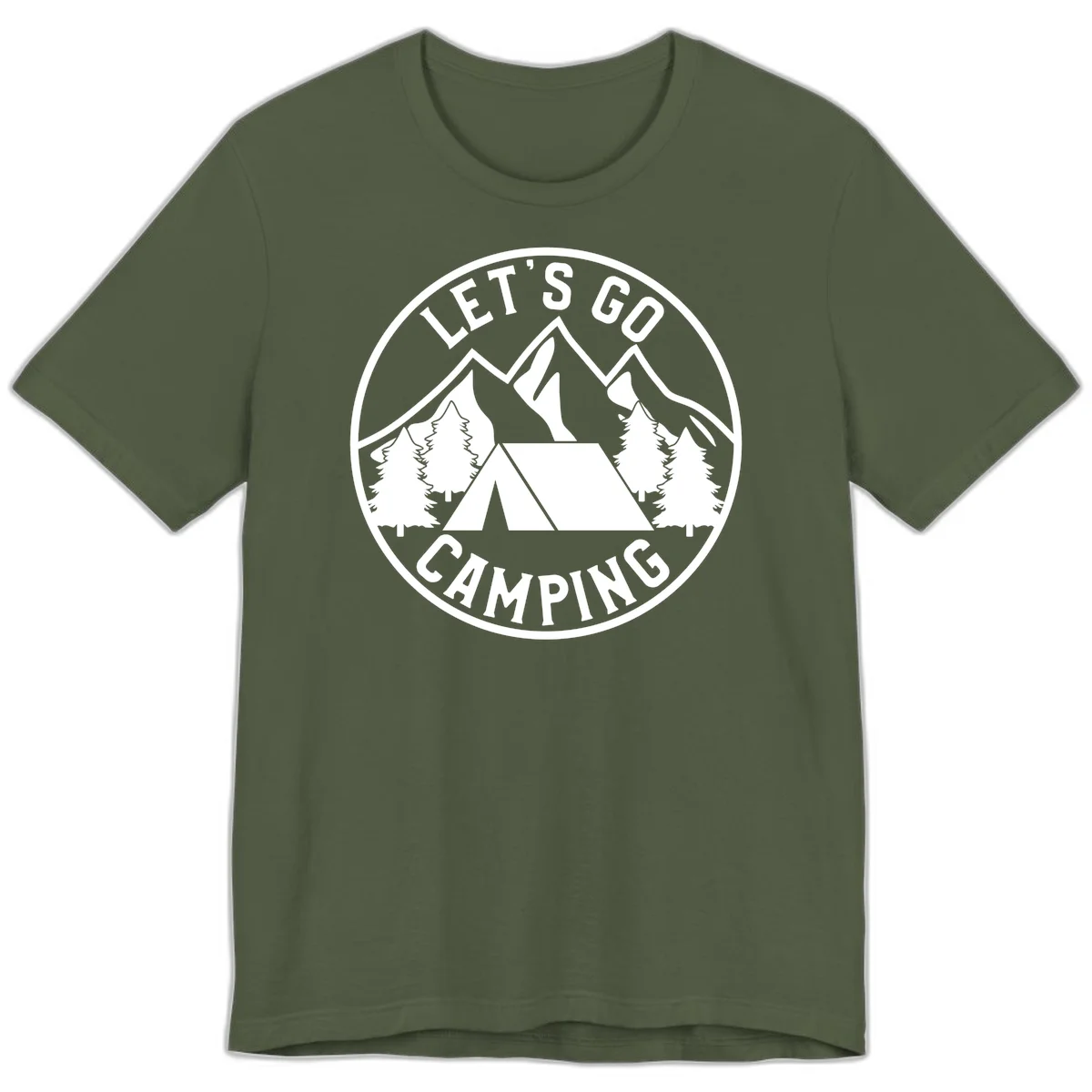 Circular let's go camping badge with tent, trees, and mountains in white and gray in Military Green