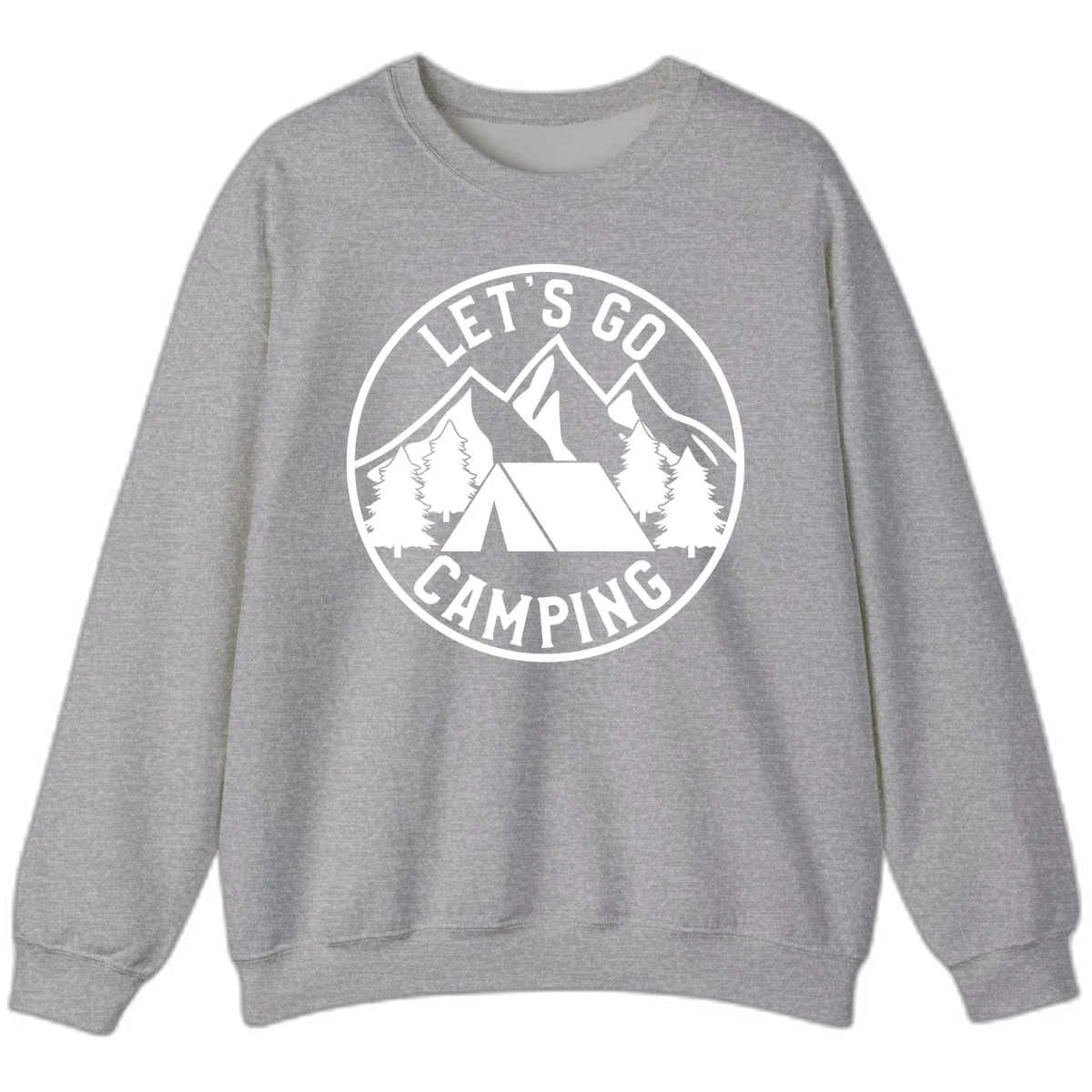 Circular let's go camping badge with tent, trees, and mountains in white and gray in Sport Grey