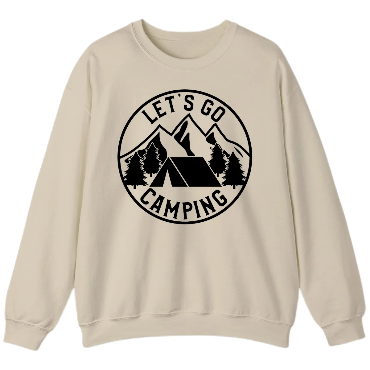 Circular let's go camping badge with tent, trees, and mountains in white and gray in Sand