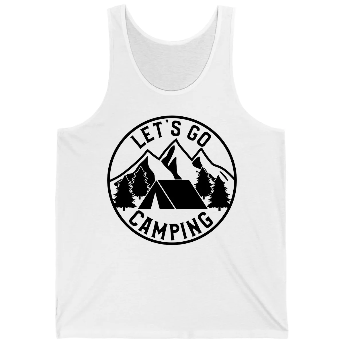 Circular let's go camping badge with tent, trees, and mountains in white and gray in White