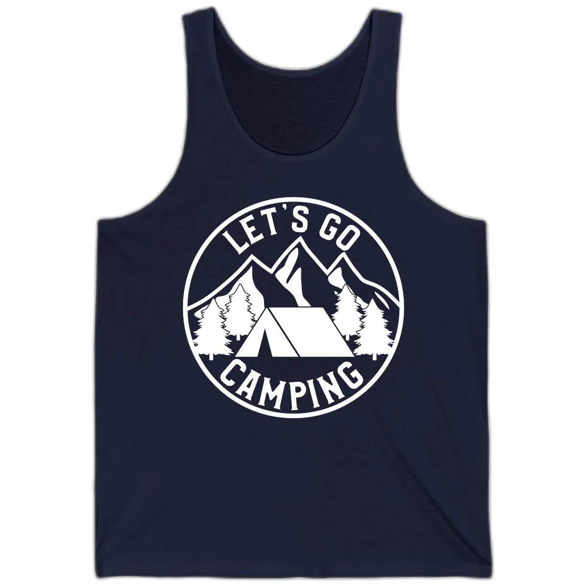 Circular let's go camping badge with tent, trees, and mountains in white and gray in Navy