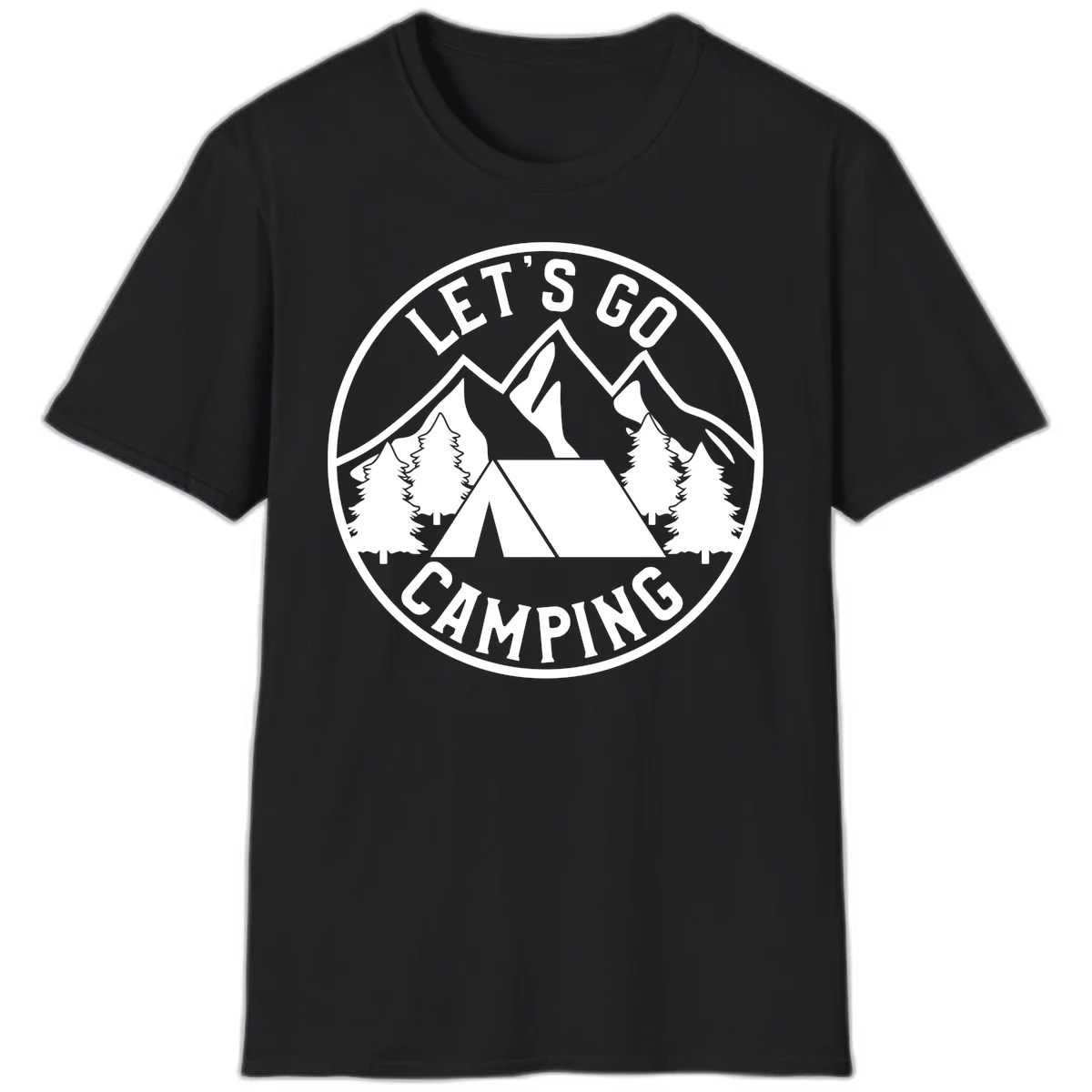 Circular let's go camping badge with tent, trees, and mountains in white and gray in Black
