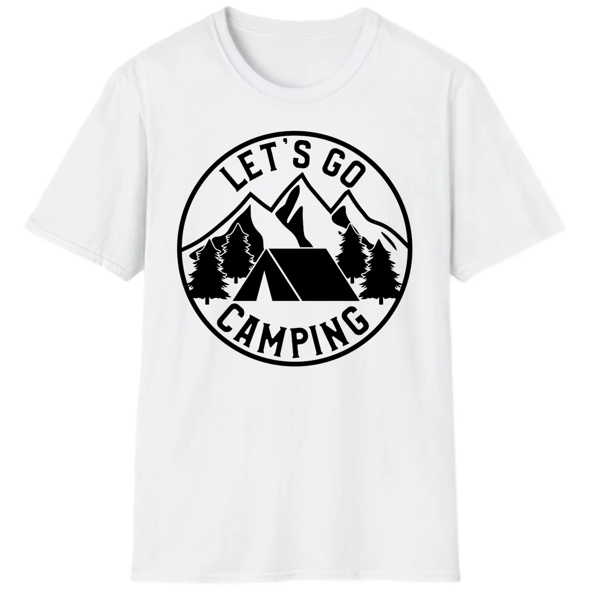 Circular let's go camping badge with tent, trees, and mountains in white and gray in White