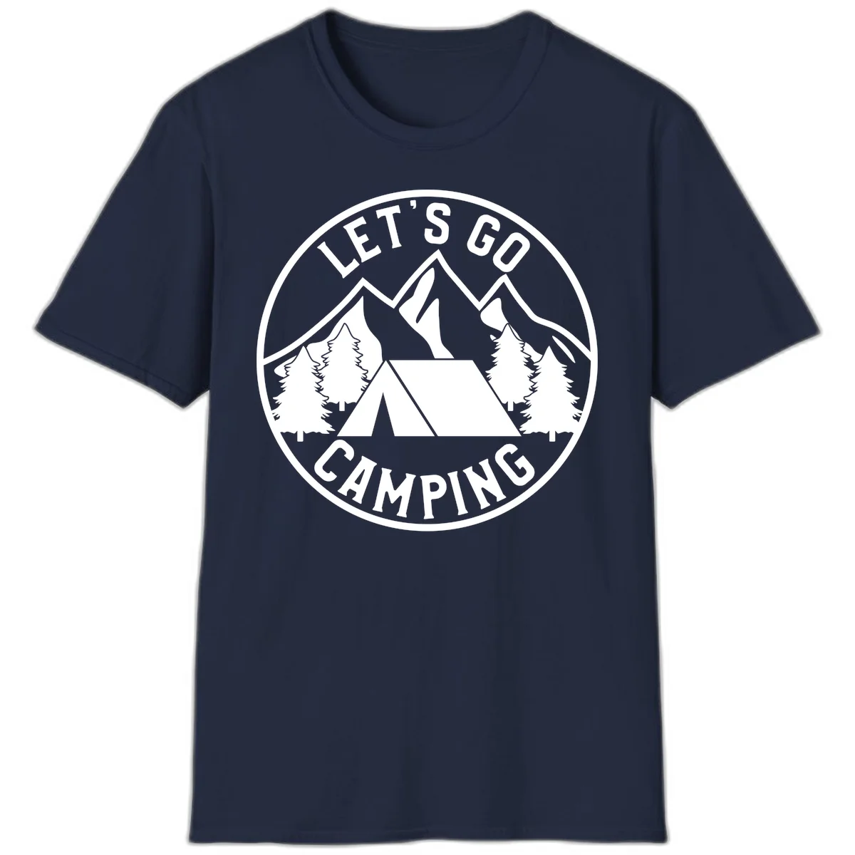 Circular let's go camping badge with tent, trees, and mountains in white and gray in Navy