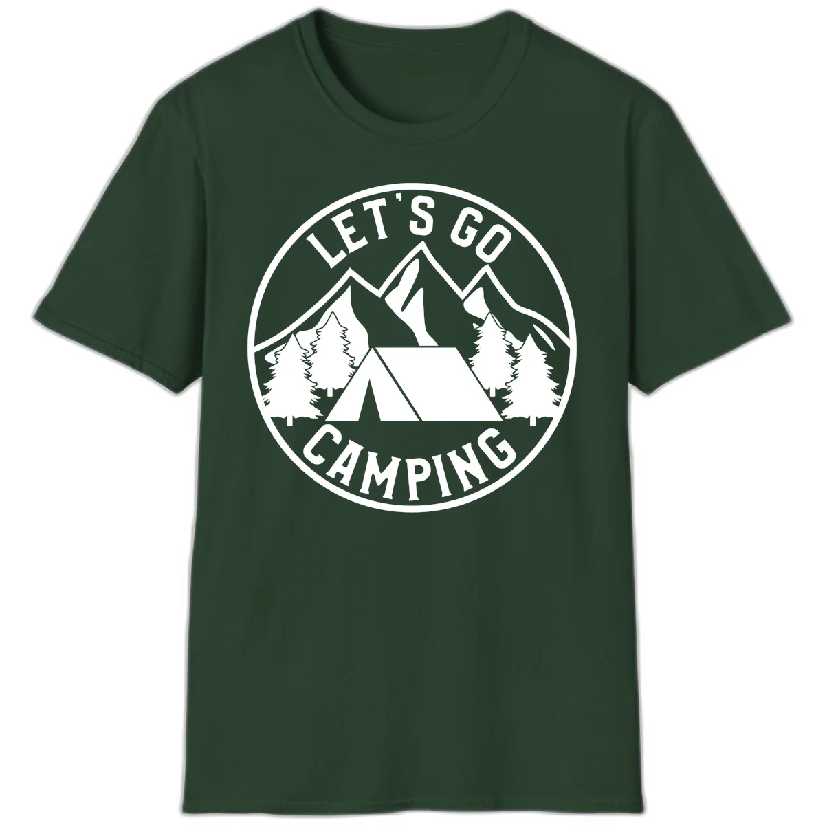 Circular let's go camping badge with tent, trees, and mountains in white and gray in Forest Green