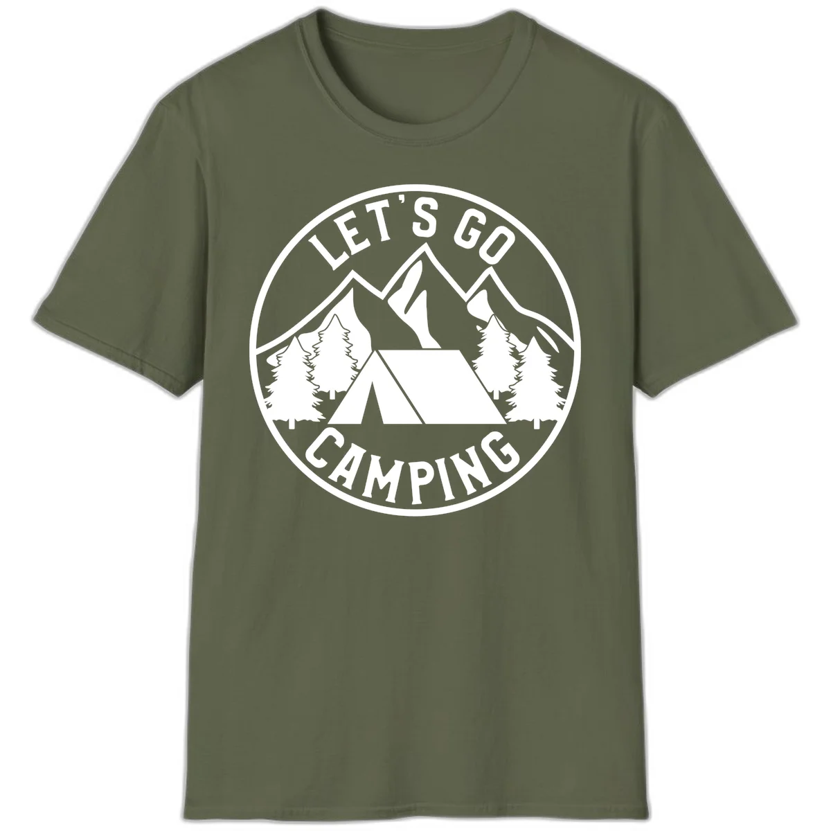 Circular let's go camping badge with tent, trees, and mountains in white and gray in Military Green