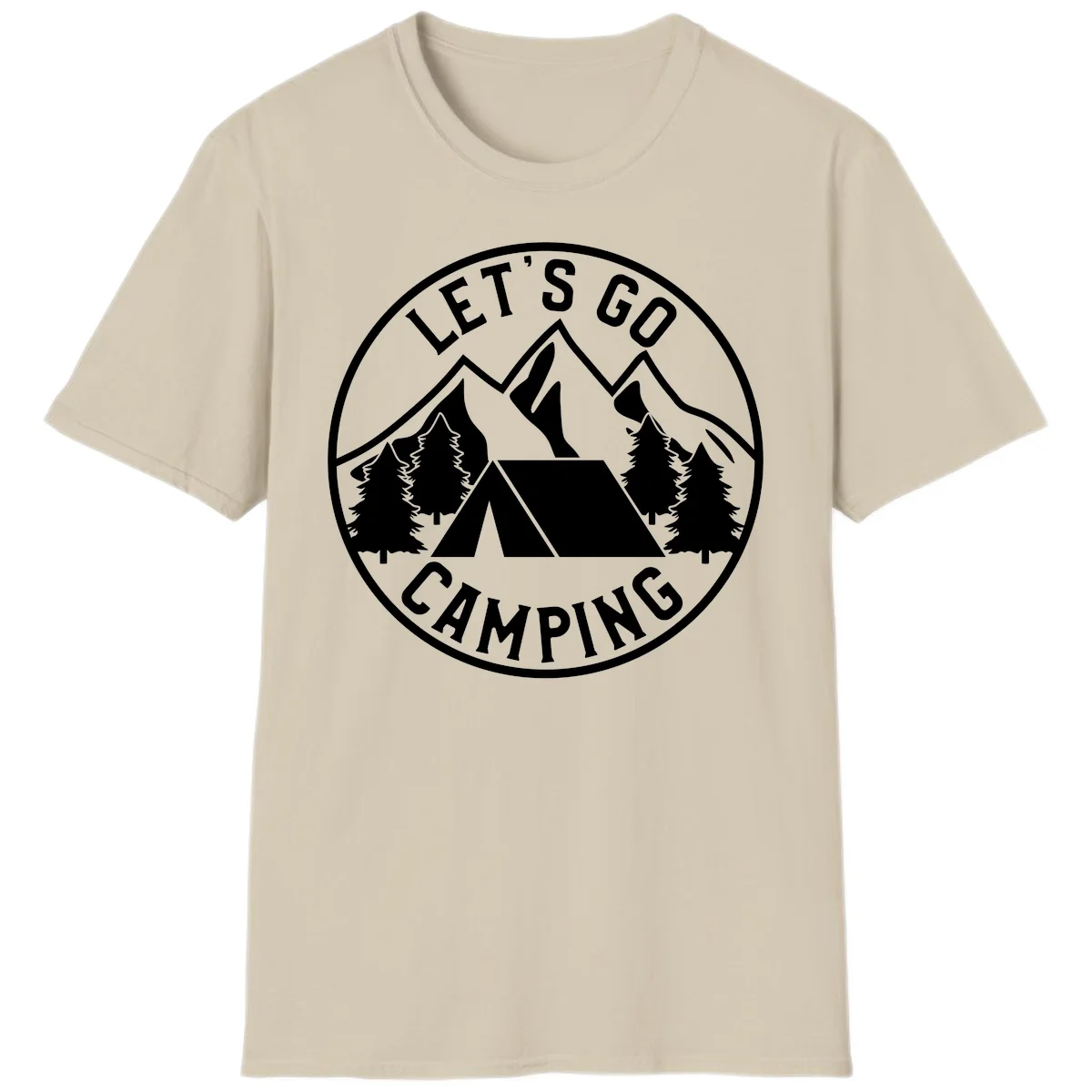 Circular let's go camping badge with tent, trees, and mountains in white and gray in Sand