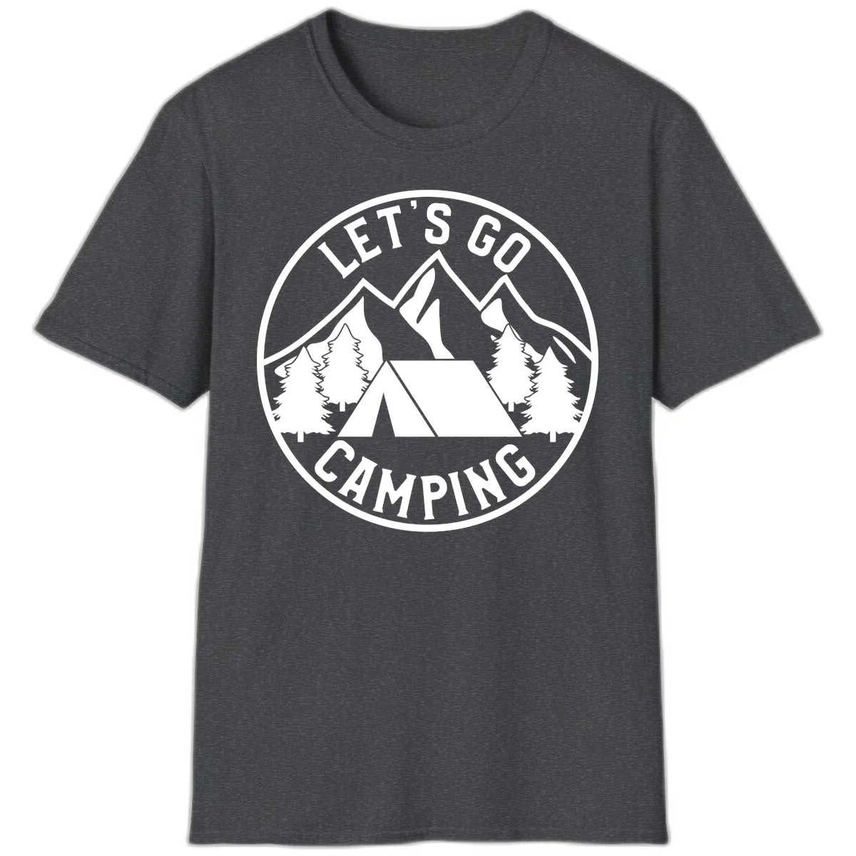 Circular let's go camping badge with tent, trees, and mountains in white and gray in Dark Heather