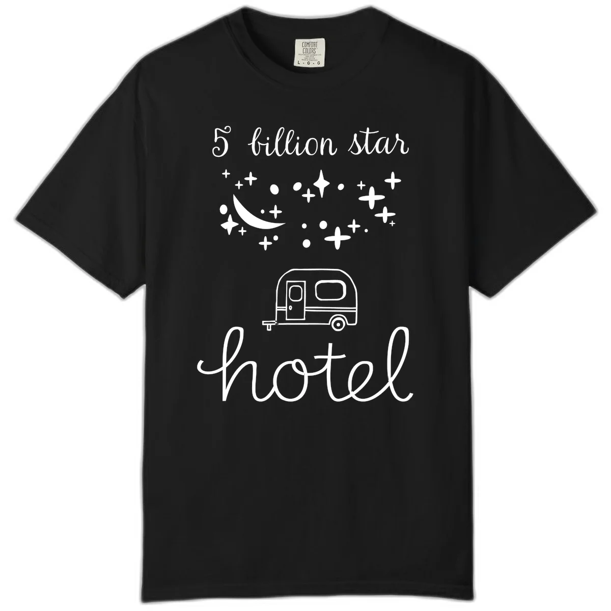 Five billion star hauled design: crescent moon and stars above a travel trailer with nighttime camping text in Black