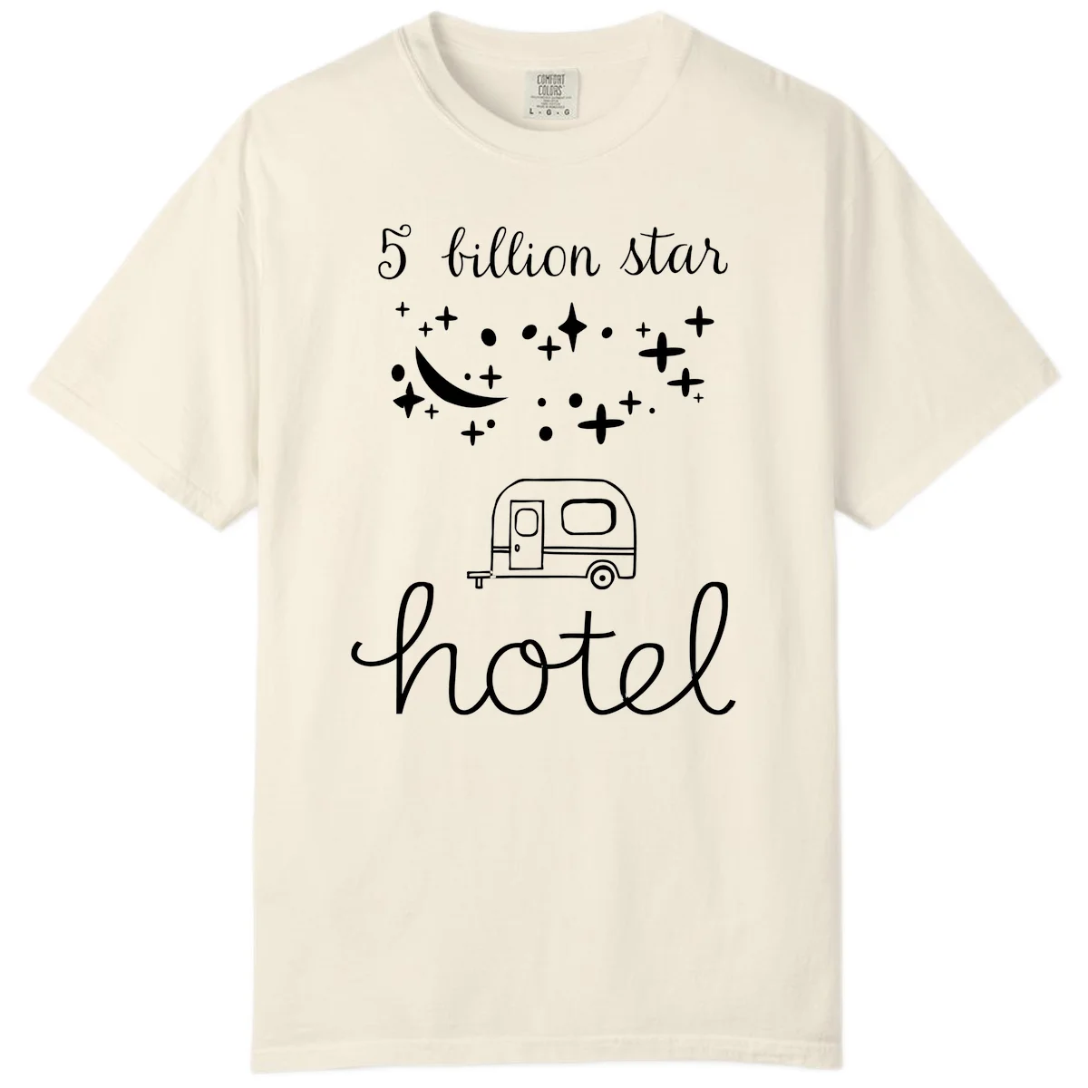 Five billion star hauled design: crescent moon and stars above a travel trailer with nighttime camping text in Ivory