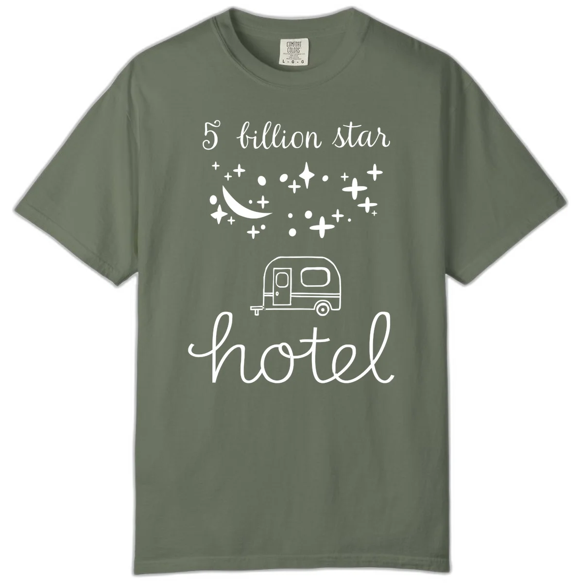 Five billion star hauled design: crescent moon and stars above a travel trailer with nighttime camping text in Moss
