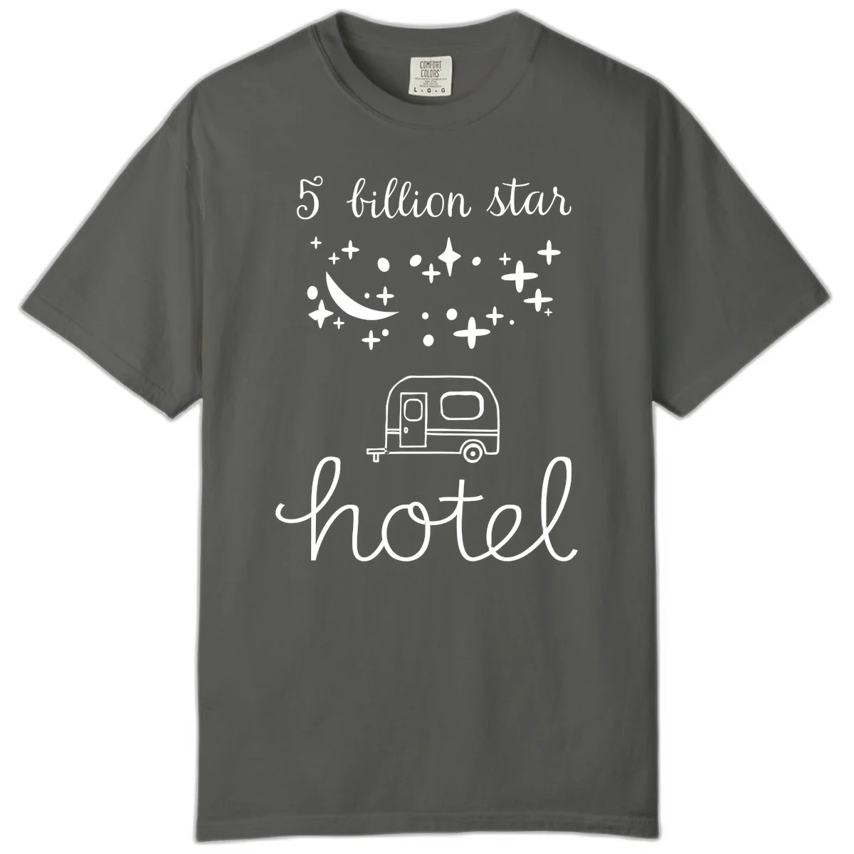 Five billion star hauled design: crescent moon and stars above a travel trailer with nighttime camping text in Pepper