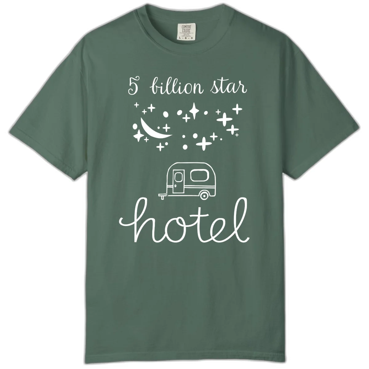 Five billion star hauled design: crescent moon and stars above a travel trailer with nighttime camping text in Blue Spruce
