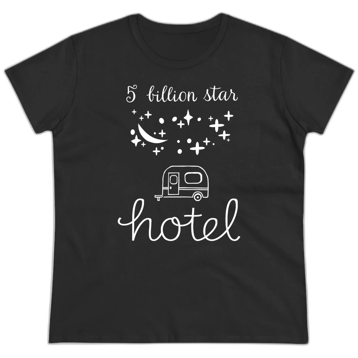 Five billion star hauled design: crescent moon and stars above a travel trailer with nighttime camping text in Black