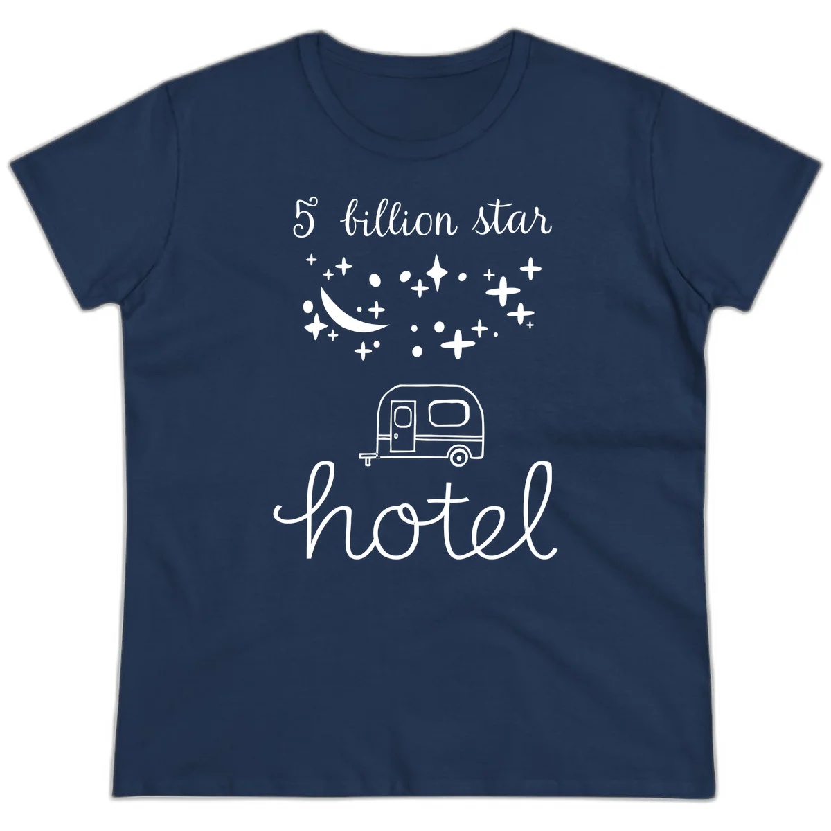 Five billion star hauled design: crescent moon and stars above a travel trailer with nighttime camping text in Navy