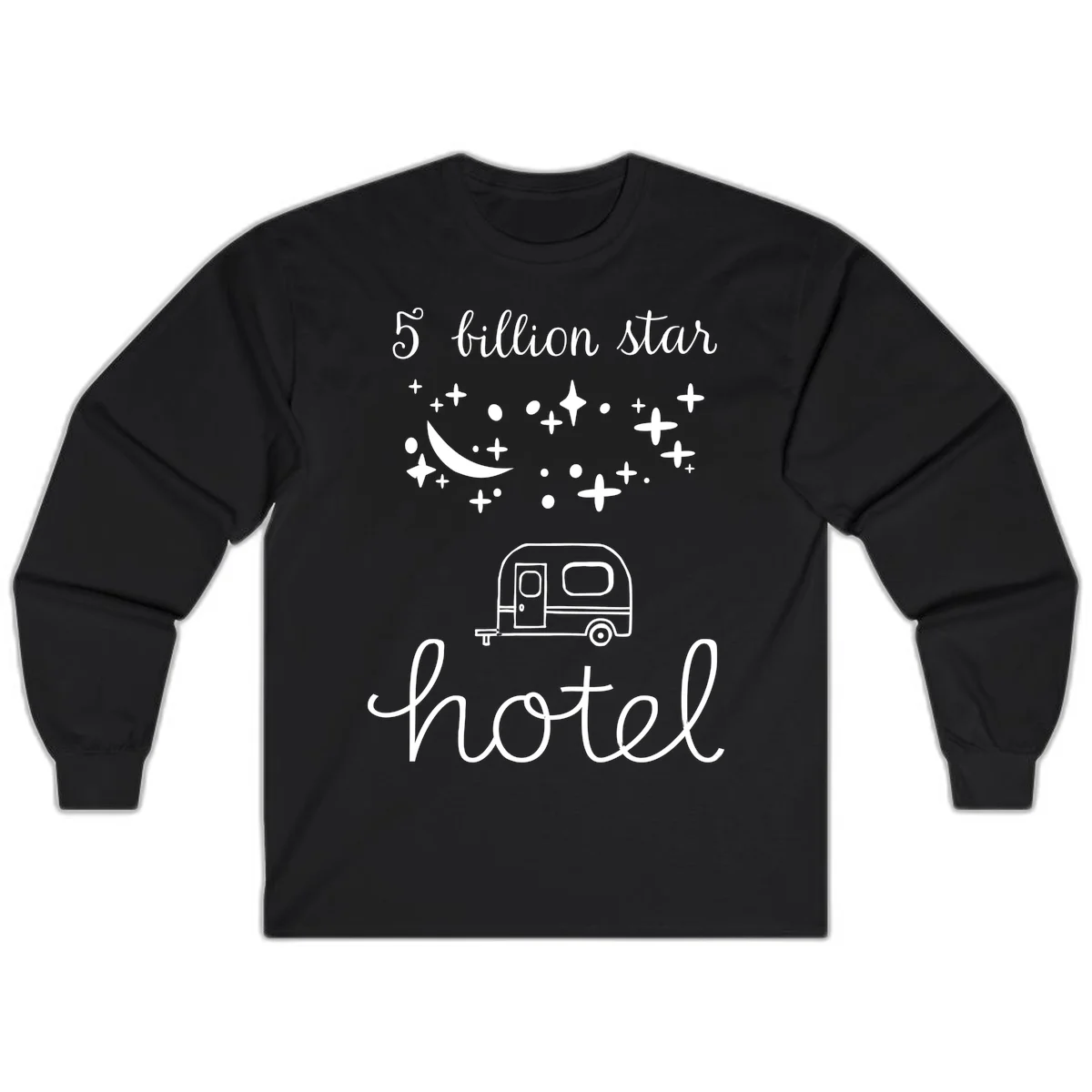 Five billion star hauled design: crescent moon and stars above a travel trailer with nighttime camping text in Black