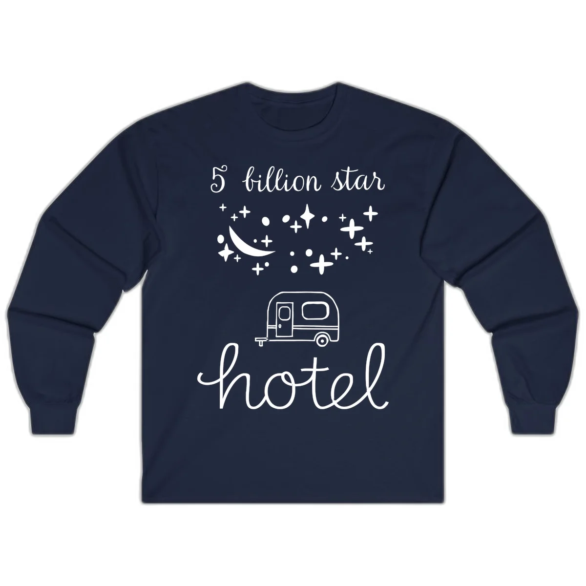 Five billion star hauled design: crescent moon and stars above a travel trailer with nighttime camping text in Navy