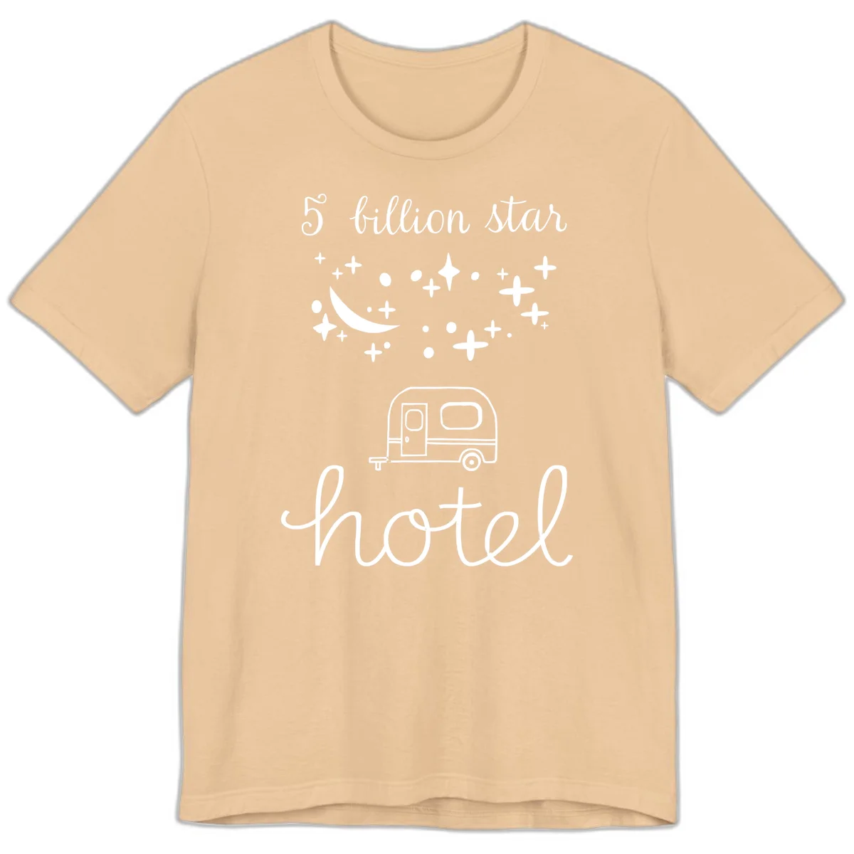 Five billion star hauled design: crescent moon and stars above a travel trailer with nighttime camping text in Sand Dune