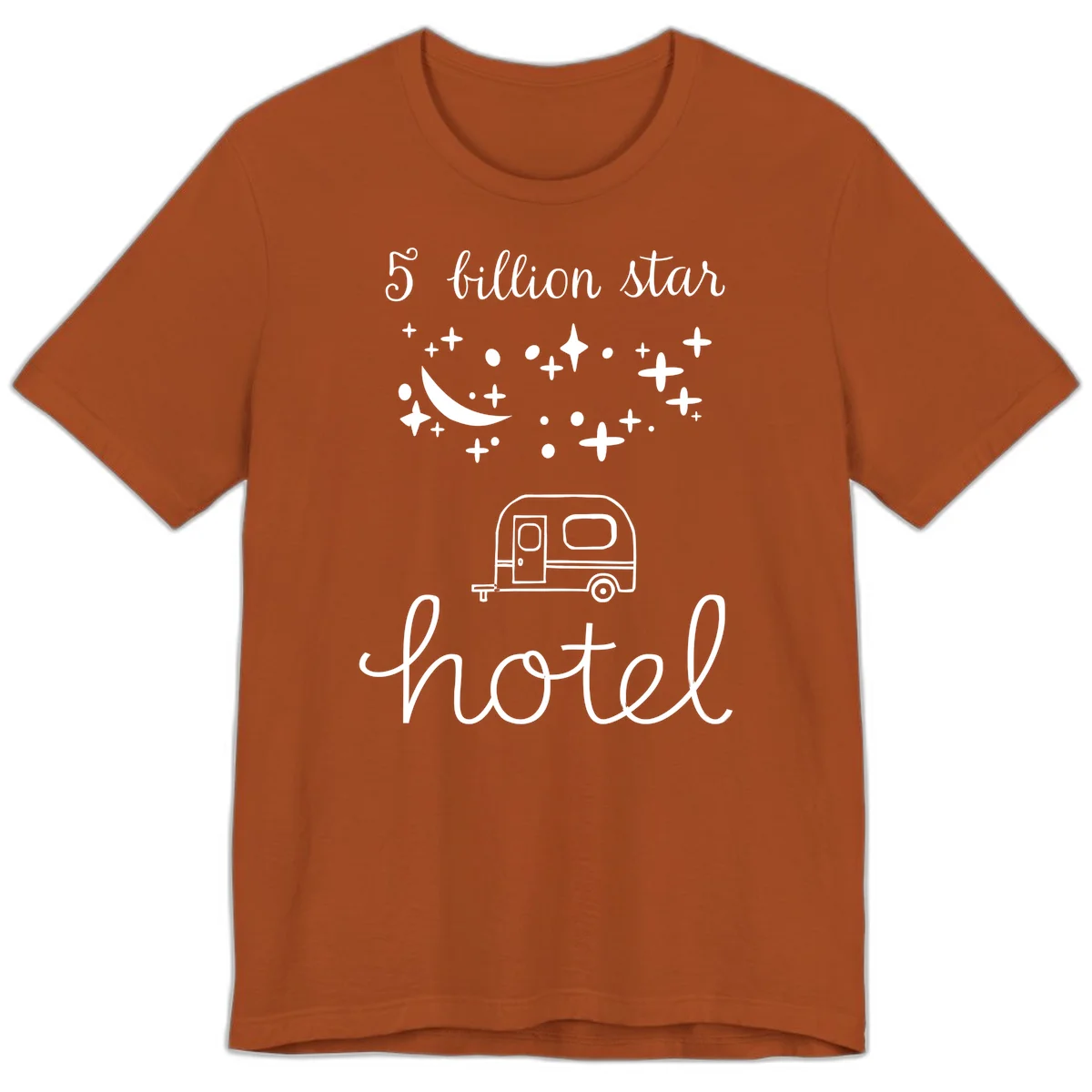 Five billion star hauled design: crescent moon and stars above a travel trailer with nighttime camping text in Autumn