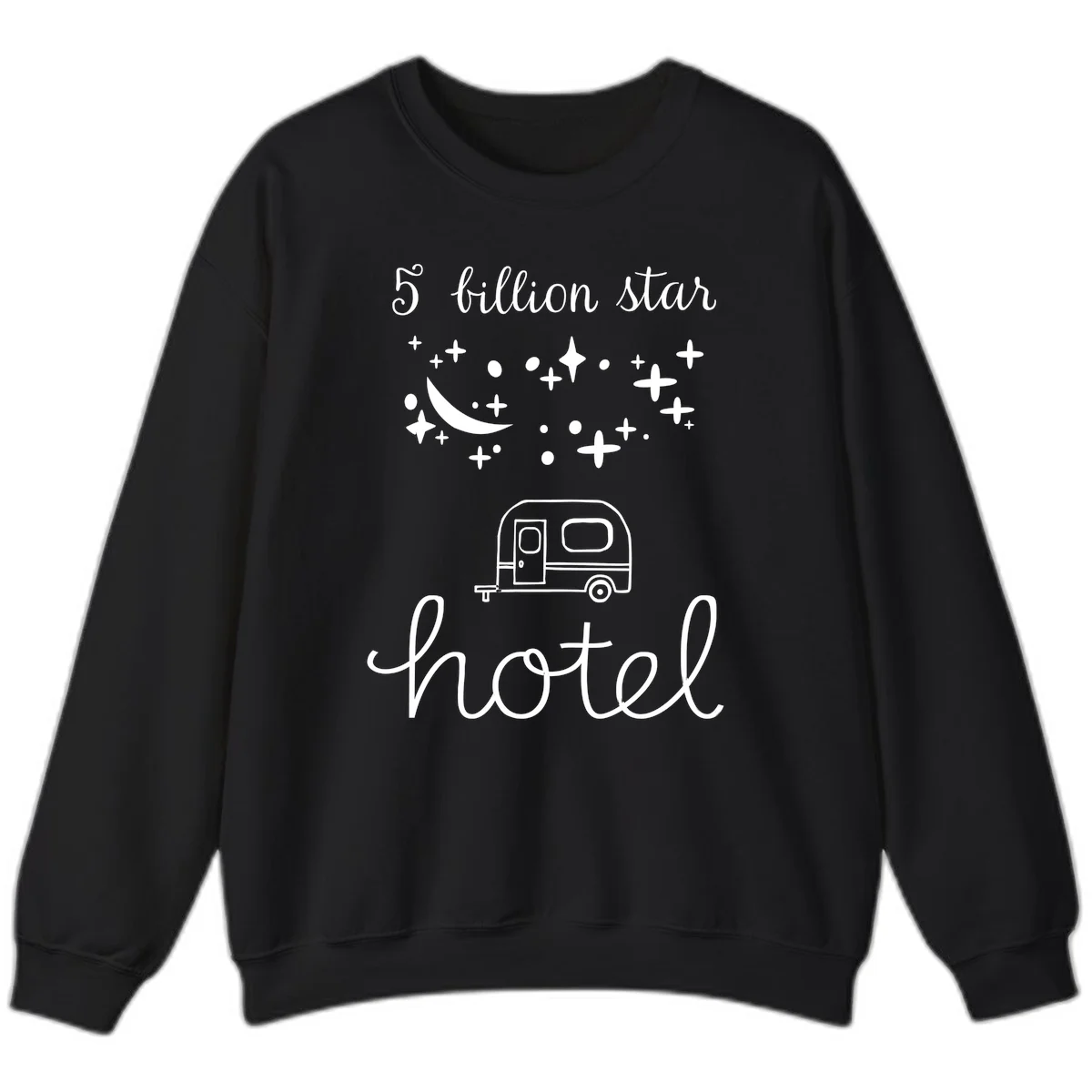 Five billion star hauled design: crescent moon and stars above a travel trailer with nighttime camping text in Black