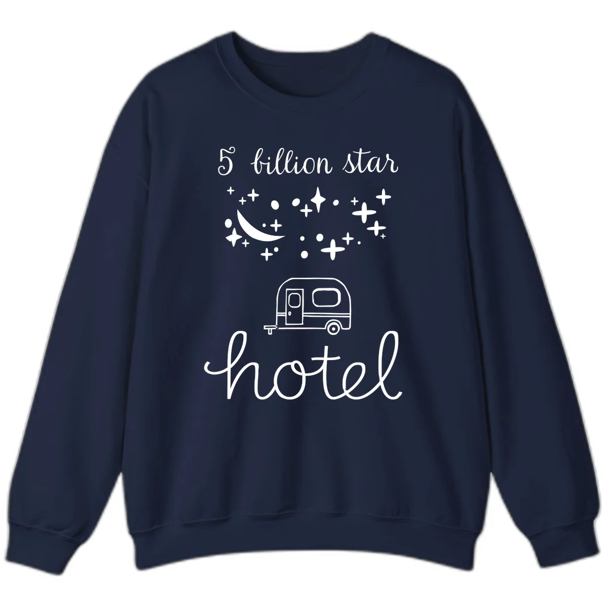 Five billion star hauled design: crescent moon and stars above a travel trailer with nighttime camping text in Navy
