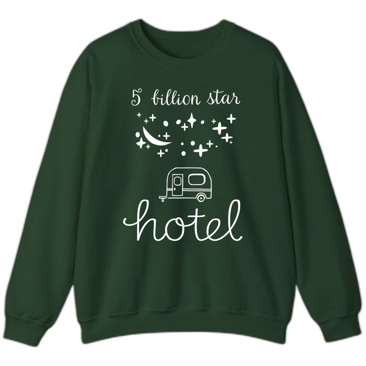 Five billion star hauled design: crescent moon and stars above a travel trailer with nighttime camping text in Forest Green