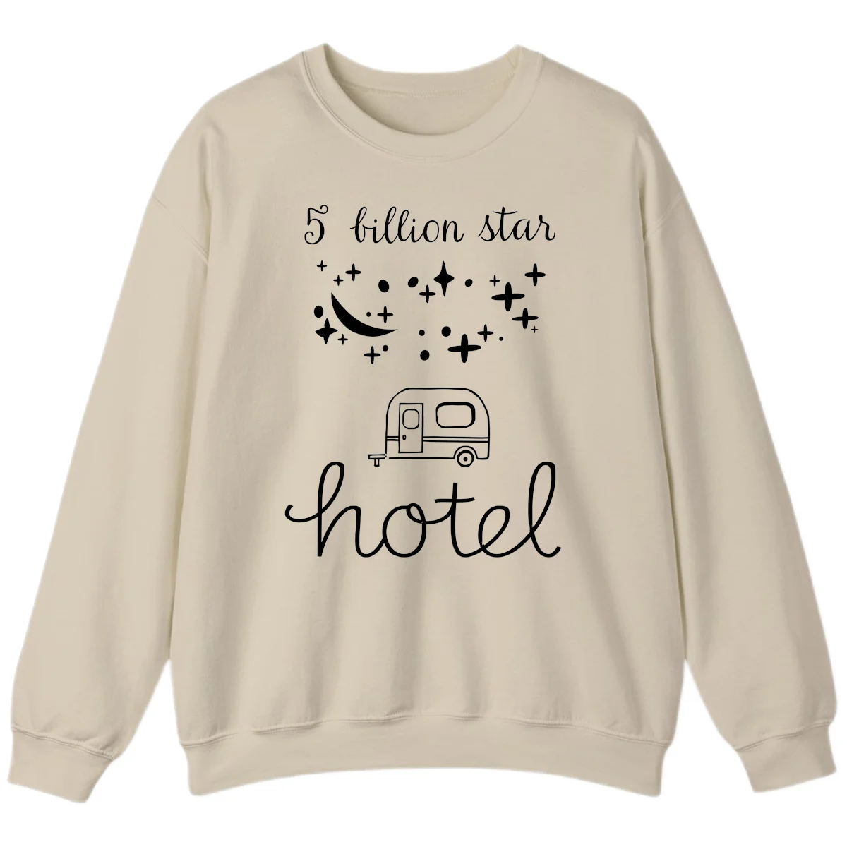 Five billion star hauled design: crescent moon and stars above a travel trailer with nighttime camping text in Sand